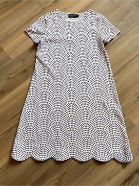 Duffield Lane White & Blue Scallop-Hem Dot Shift Dress Size Small